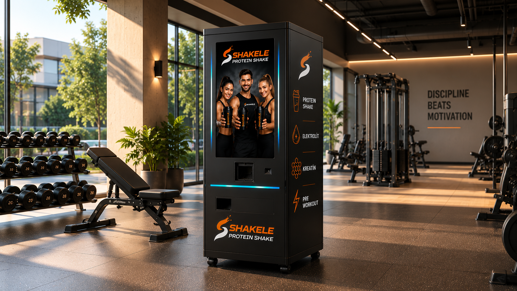 Spor salonunda siyah ve turuncu Shakele protein shake otomatı